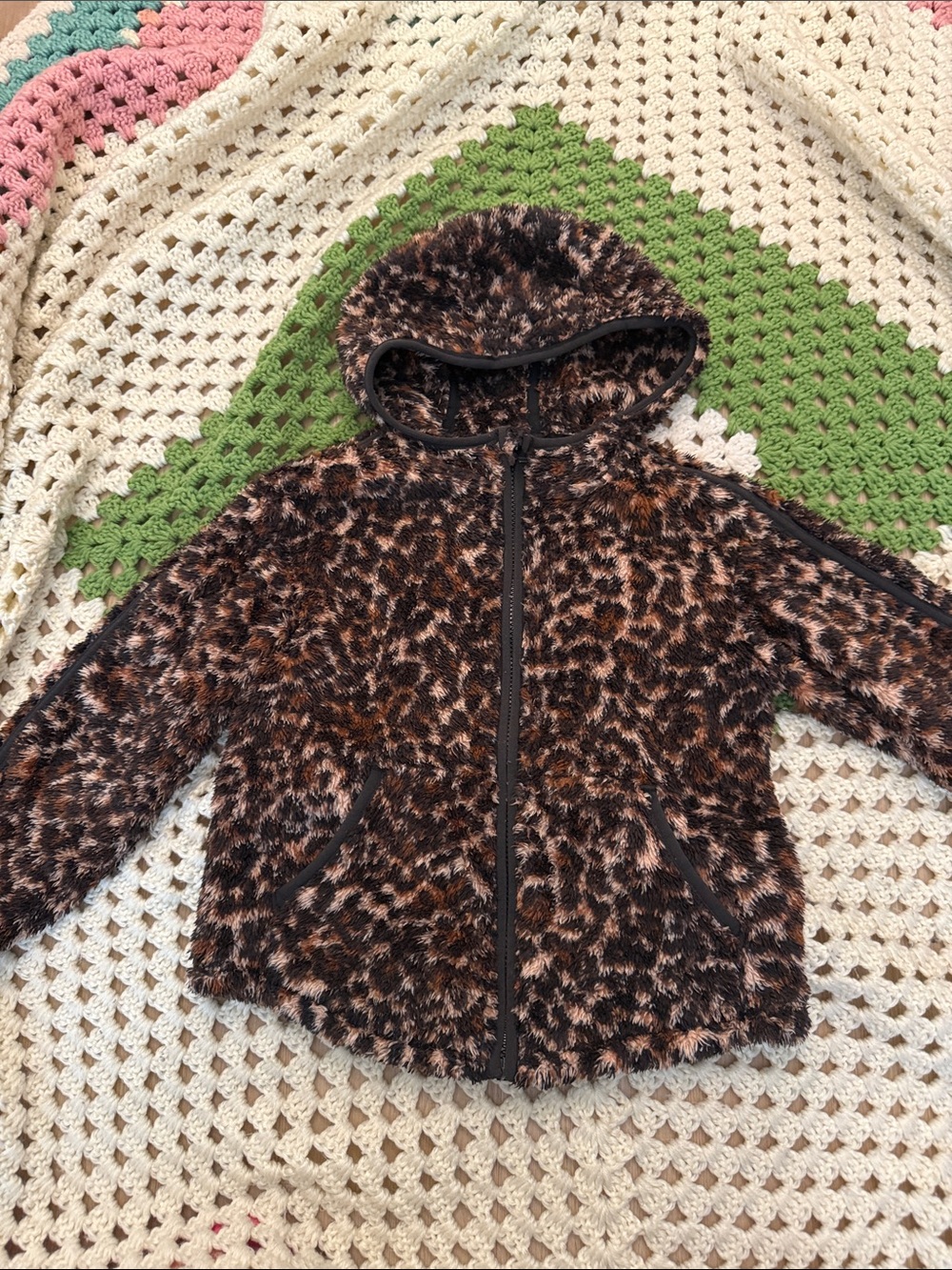 all in motion Girls' Faux Fur Leopard Print Hoodie - Brown & Black